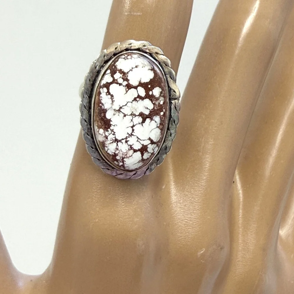 Handmade Ring Magnesite brown white oval Silver Plated Adjustable Size‎ 4.5–7